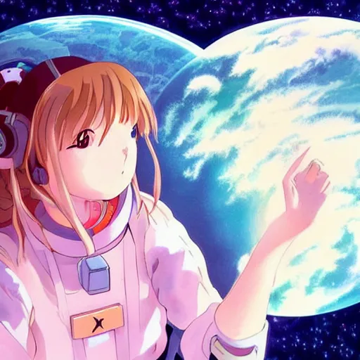 Image similar to a beautiful anime gamer girl sitting in space, studio ghibli, detailed,