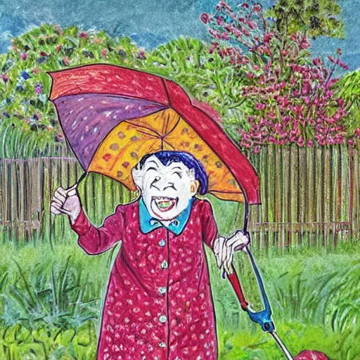 Image similar to an old lady is very excited about an umbrella in her back yard, in the style of Louis wain