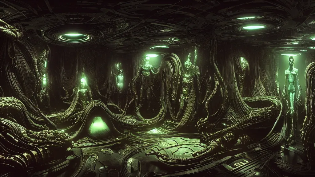 Prompt: Prometheus biological sci-fi environment set in a nightmarish universe of odd forms and somber tapestry, HR Giger and Vincent Di Fate, vivid color scheme, featured in artstation, octane render, cinematic, elegant, intricate, 8k