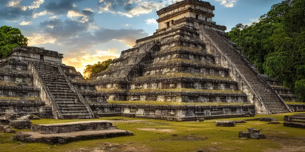 Prompt: a photo of an ancient maya temple, masterpiece, very detailed, 8k hdr, golden hour