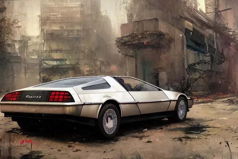 Image similar to photograph of the delorean, with a sleek spoiler, driving down the streets of a cyberpunk abandoned city, by greg rutkowski, by stanley artgerm, by alphonse mucha