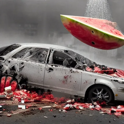 Prompt: a giant watermelon splash ,big impact hit on the building, explode and chaos, Holywood scene, full color, broken cars,scary picture, convincing