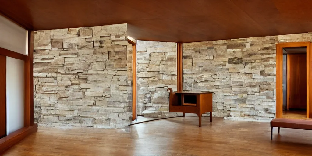 Image similar to interior of a small frank lloyd wright apartment with award winning stone work wall, photo