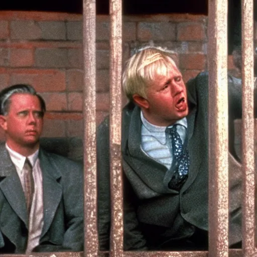 Image similar to scene from shawshank redemption of boris johnson behind bars, photorealistic, highly detailed 8 k