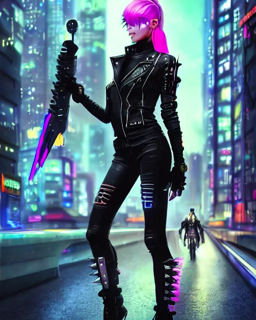 Image similar to concept art of a cyber punk girl wearing a black leather jacket with neon spikes, wearing a futuristic biker helmet, holding a futurstic cyberpunk weapon, standing in a busy cyberpunk city center | | epic - fine - fine details by stanley artgerm lau, wlop, rossdraws, and sakimichan, trending on artstation, brush strokes