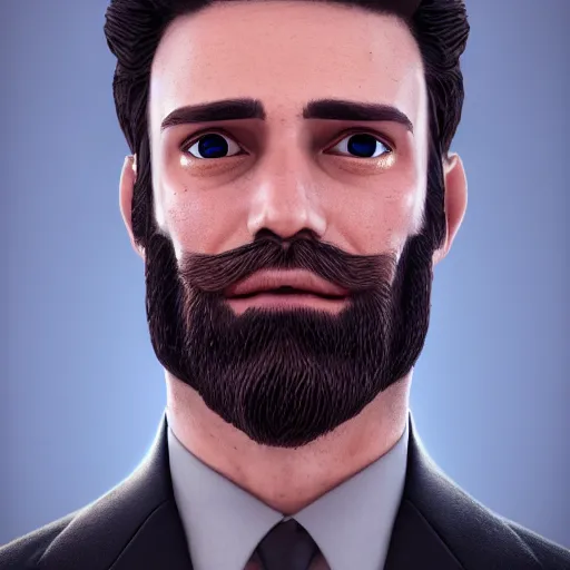 Prompt: a highly detailed portrait of a man, with a brown beard and hair, blue eyes, wearing a tuxedo, artstation, deviantart, professional, octane render