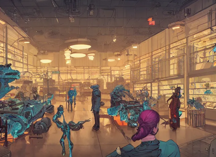 Image similar to large fancy showroom for products. sharp focus, cinematic pose, cinematic lighting, unreal engine render. art by josan gonzales and moebius and deathburger.