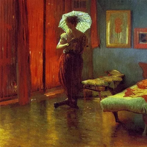 Prompt: Inside on a rainy day, warm colors, photorealistic oil painting, by Ilya Repin and Lucien Clergue
