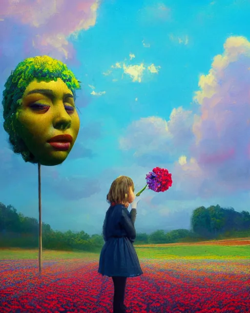 Image similar to girl with a giant carnation as face, surreal photography, flower field, sunset dramatic light, impressionist painting, colorful clouds, blue sky, digital painting, artstation, simon stalenhag