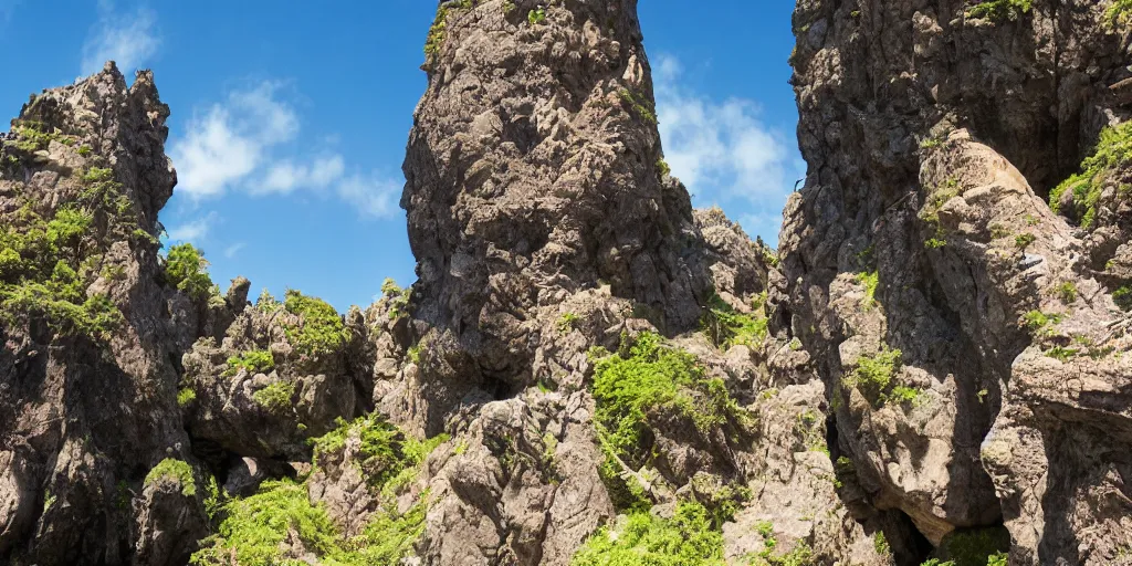 Image similar to entrance to a dungeon of the gods at the base of an ancient mountain in the morning light, in the style of Studio Ghibli, by Hayao Miyazaki, polarizer filter