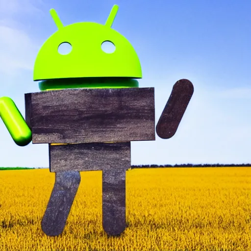 Prompt: An happy android made out of wood working in the fields