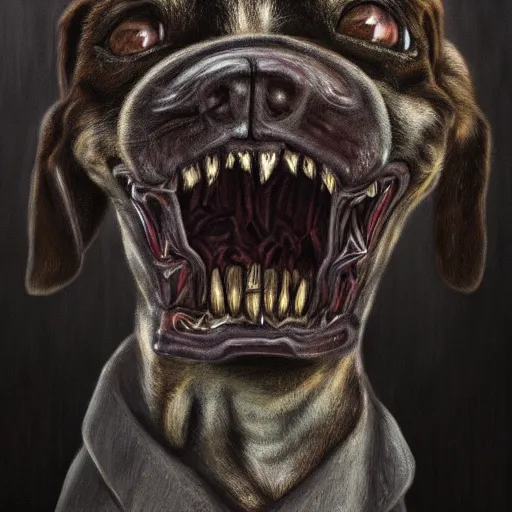 Prompt: scp horror nightmare dog, schizophrenia gothic nightmare dog with incredibly sharp teeth. highly detailed portrait, stylized oil painting, trending on artstation