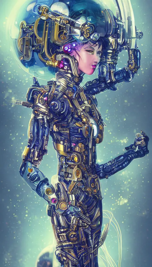 Prompt: full body head to toe portrait of a flowerpunk sci-fi cyborg ninja, third person, D&D, sci-fi fantasy, intricate, blue and gold, highly detailed, art by Range Murata, highly detailed, 3d, octane render, bright colors, digital painting, trending on artstation, sharp focus, illustration style of Stanley Artgerm, dramatic background