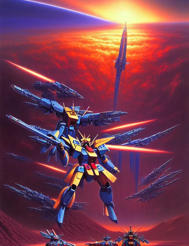 Prompt: gundam, tim hildebrandt, wayne barlowe, bruce pennington, donato giancola, trending on artstation, cinematic composition, beautiful lighting, hyper detailed, 8 k, oil on canvas