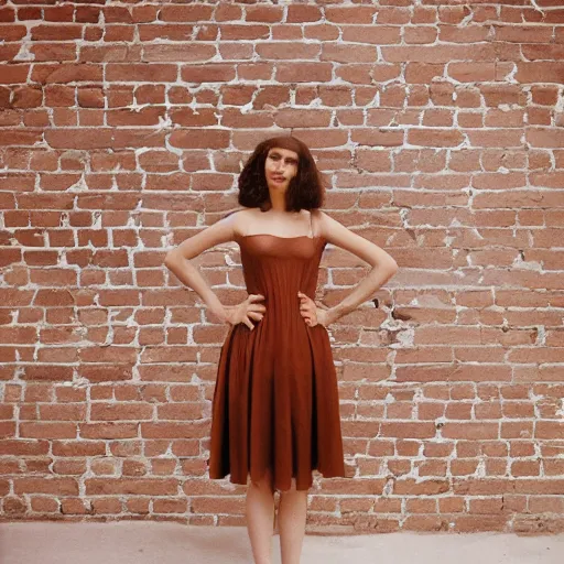 Prompt: a photo of a beautiful brown hair woman in a sun dress in a studio, an industrial studio with large windows and red brick walls, 85mm lens, Kodak Portra 400 film, trending on Instagram