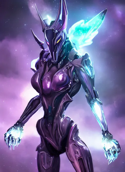 Image similar to cinematic close shot, cosmic sized proportional stunning beautiful hot female warframe, detailed sleek robot mecha female dragon head, metal ears glowing purple oled eyes, mawshot, sleek silver armor, floating in empty space, nebula sized, epic proportions, epic size, epic scale, furry art, dragon art, giantess art, warframe fanart, furaffinity, deviantart