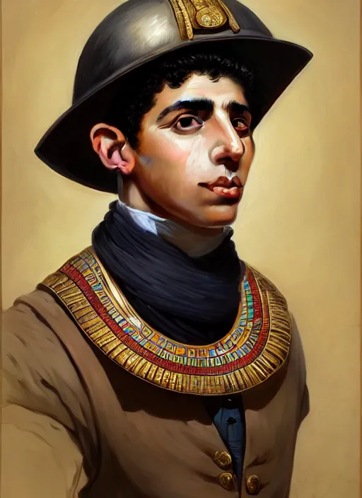 Image similar to a portrait of an egyptian boy with a crooked nose in victorian clothing, confident pose, intricate, elegant, sharp focus, illustration, highly detailed, concept art, matte, trending on artstation, anime, art by james jean and artgerm and brian despain and alberto mielgo, greg rutkowski, wlop, ilya kuvshinov, strong strokes