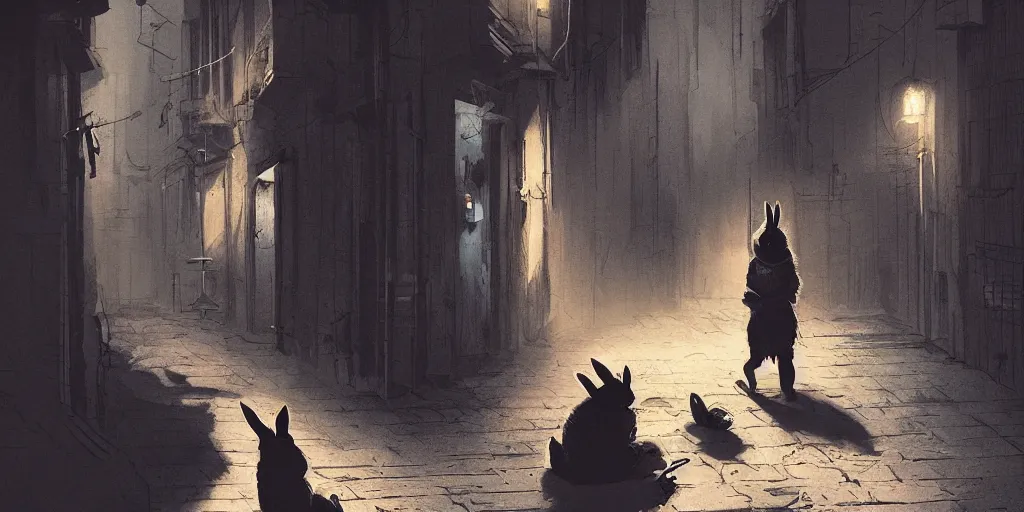 Prompt: rabbit is talking with a cat in a dark alley, warm color palette, night time, dramatic lighting, noir film, fine details, high contrast, blacksad, kim jung gi, greg rutkowski, trending on artstation, 8 k, ultra wide angle