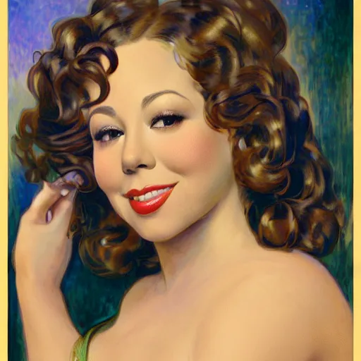 Image similar to Mariah Carey 1940s style brunette portrait, drawn by Donato Giancola and Jon Foster, frank frazetta, alphonse mucha, background by James Jean and gustav klimt, 4k, volumetric lighting, french nouveau, trending on artstation, octane render, hyperrealistic