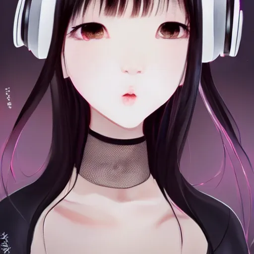 Image similar to realistic beautiful gorgeous buxom natural cute blushed shy girl Blackpink Lalisa Manoban black hair fur black cat ears, wearing white camisole, headphones, black leather choker artwork drawn full HD 4K highest quality in artstyle by professional artists WLOP, Taejune Kim, Guweiz, Aztodio on Pixiv Instagram Artstation