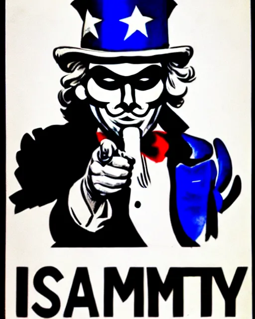 Prompt: anonymous as uncle sam propaganda poster in the year 1 9 8 7, ultra realistic concept art intricate detail