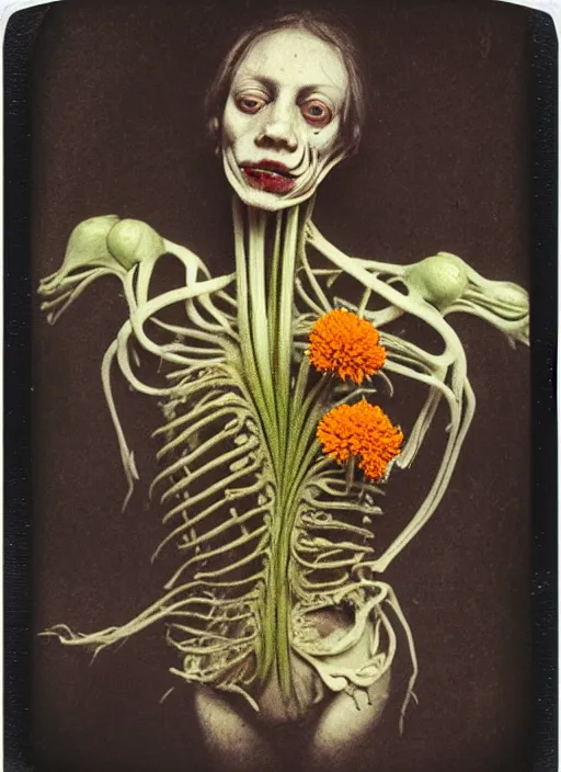 Image similar to beautiful and detailed rotten woman made of plants and carnation, chrysanthemum, tulips, muscles, intricate, organs, ornate, surreal, john constable, guy denning, gustave courbet, caravaggio, romero ressendi 1 9 1 0 polaroid photo