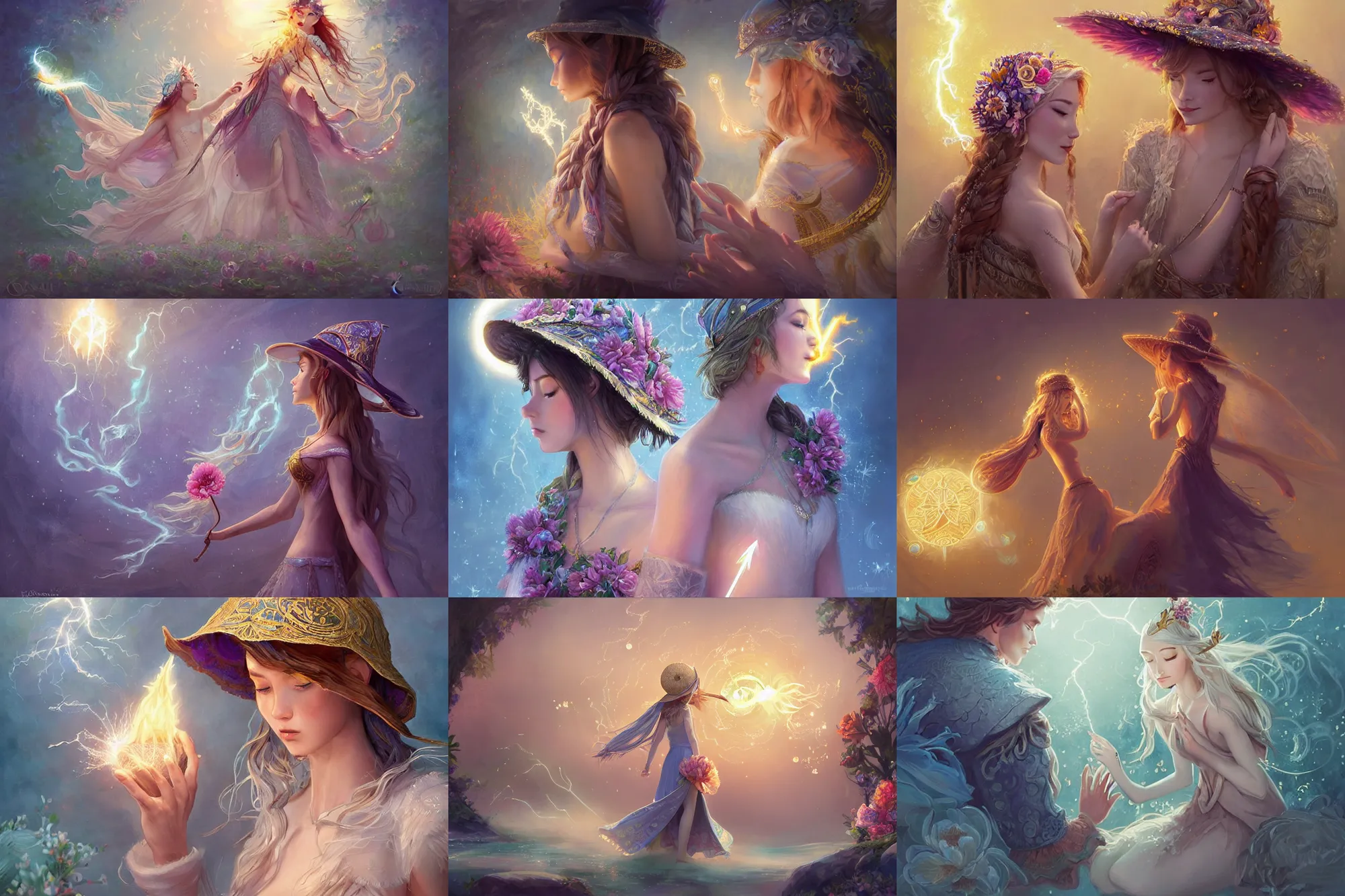 Prompt: a cinematic beautifully c;lose up moment of a sun god and moon goddess magician lovers saying goodbye wearing boho sunhat with peonies casting lightening spells, Dreamworks Klaus film, fantasy, intricate, elegant, highly detailed, digital painting, artstation, concept art, smooth, sharp focus, illustration, Frozen II art masterpiece by art by Krenz Cushart and Artem Demura and alphonse mucha, ArtGerm, Jon Lothian, Danilo Torres, Adi Meyers, Thomas Reimann, Gaston Bussiere