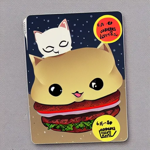 Prompt: cute and powerful cat burger battle card