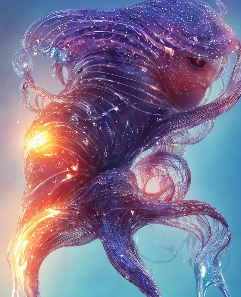 Image similar to close-up macro portrait of the face of a beautiful princess, epic angle and pose, symmetrical artwork, 3d with depth of field, blurred background, cybernetic jellyfish female face skull phoenix bird, translucent, nautilus, energy flows of water and fire. a highly detailed epic cinematic concept art CG render. made in Maya, Blender and Photoshop, octane render, excellent composition, cinematic dystopian brutalist atmosphere, dynamic dramatic cinematic lighting, aesthetic, very inspirational, arthouse. y Greg Rutkowski, Ilya Kuvshinov, WLOP, Stanley Artgerm Lau, Ruan Jia and Fenghua Zhong