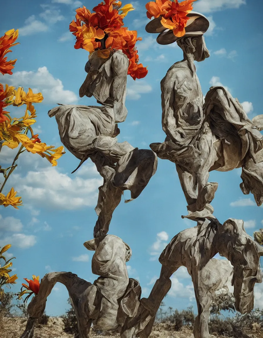 Image similar to a cowboy turning into blooms by slim aarons, by zhang kechun, by lynda benglis. tropical sea slugs, angular sharp tractor tires. complementary bold colors. photo of a manly cowboy. warm soft volumetric dramatic light. national geographic. 8 k, rendered in octane, smooth gradients. angular sculpture by antonio canova by gian lorenzo bernini.