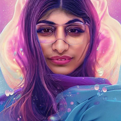 Prompt: dream portrait of Mia Khalifa, dreamy and ethereal, expressive pose, big pink eyes, exciting expression, fantasy, intricate, elegant, many rainbow bubbles, rose tones, highly detailed, digital painting, artstation, concept art,cyberpunk wearing, smooth, sharp focus, illustration, art by artgerm and greg rutkowskiand alphonse mucha,Salvador Dali.