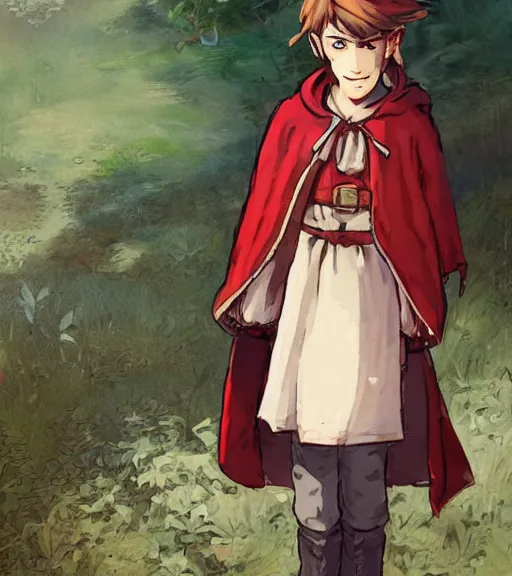 Image similar to attractive little boy character inspired in little red riding hood and link, digital artwork made by akihiko yoshida and makoto shinkai