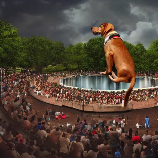 Prompt: a large crowd of people watch a dog do tricks in a park, beautiful detailed intricate insanely detailed 3D render digital art, octane render, 8K artistic portrait photography, photorealistic digital art, realistic volumetric lighting