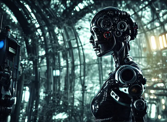 Image similar to 35mm portrait of a sophisticated intricate terminator woman's head on the background of a weird magical mechanical forest. Round gears visible in her head. Very detailed 8k. Fantasy cyberpunk horror. Sharp. Unreal 5 render with nanite, global illumination and path tracing. Cinematic post-processing