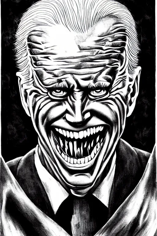 Image similar to joe biden evil grin, horror, terrifying artwork, monster, artwork by junji ito, black and white manga