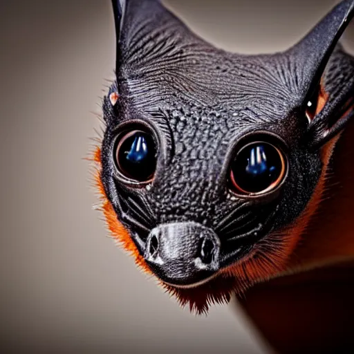 Image similar to a photo of a cute vat bat hybrid, sitting on a chair, photo taken by a nikon, very detailed, 8k