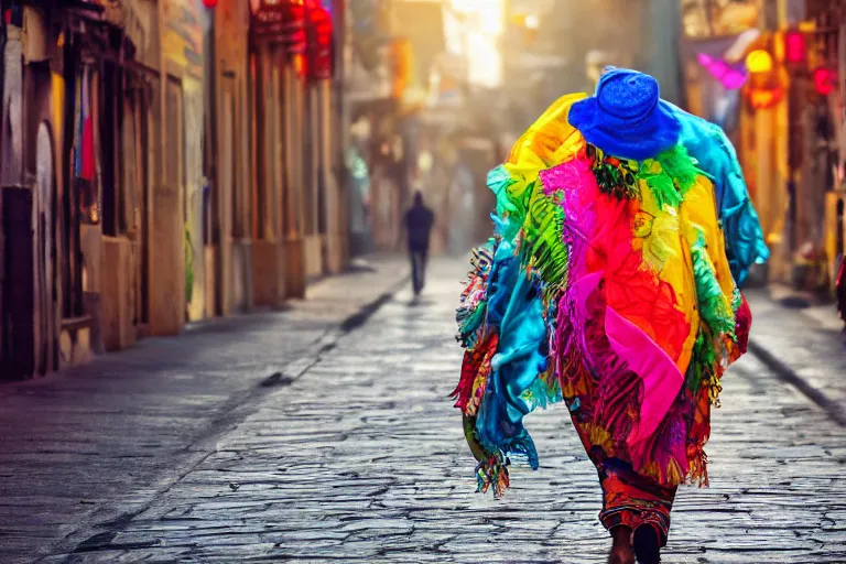 Image similar to A photograph of a lion wearing a brightly coloured hat and silk scarf, proudly walking down the street, national geographic photography, cinematic lighting