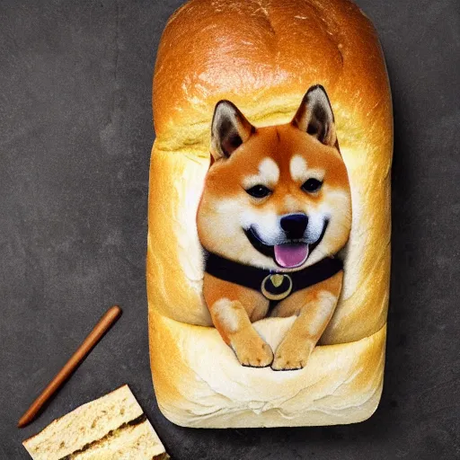 Image similar to A shiba inu as bread - blended into the side of a loaf of bread on a kitchen bench, digital art