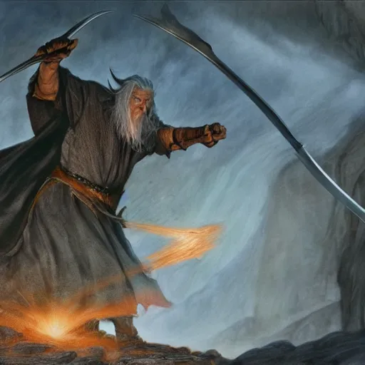 Image similar to beautiful gandalf fighting the balrog, by alan lee, lord of the rings, smooth, detailed terrain, oil painting, matte painting, concept art, trending on artstation