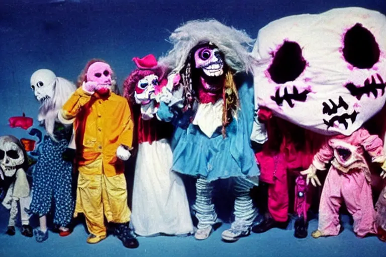 Prompt: a full color still from a weird live action 1 9 7 3 kids show about death, pirate puppets, fuzzy ghost, grunge, horror