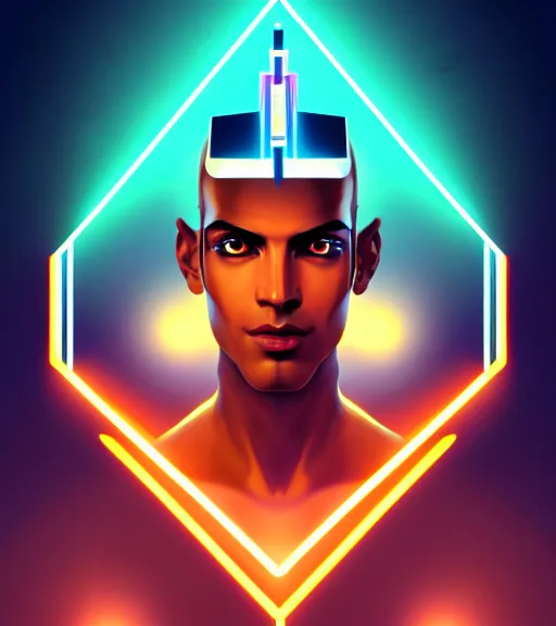 Image similar to symmetry!! egyptian god of technology, solid cube of light, hard edges, product render retro - futuristic poster scifi, lasers and neon circuits, brown skin handsome egyptian god, intricate, elegant, highly detailed, digital painting, artstation, concept art, smooth, sharp focus, illustration, dreamlike, art by artgerm