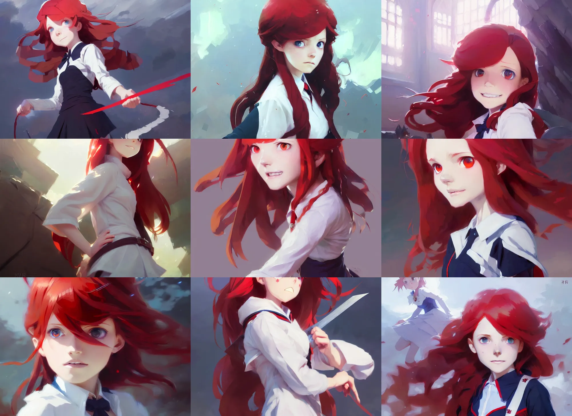 Image similar to little witch academia, red hair, white school uniform, intricate, sharp focus, illustration, highly detailed, digital painting, concept art, matte, art by ruan jia and wlop and greg rutkowski, masterpiece