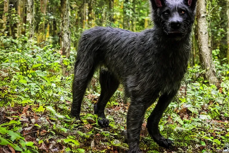 Image similar to canine werecreature, color photograph captured in the woods