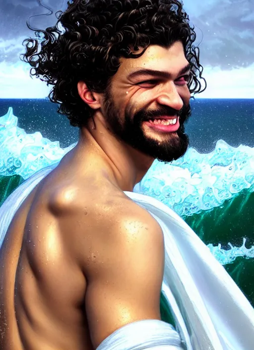 Prompt: portrait of teenage poseidon rising from ocean, greek, short curly blonde hair, mad smile, wearing a wet white sash, elegant, crashing waves, storm, glowing lights, volumetric lighting, highly detailed, digital painting, artstation, concept art, smooth, sharp focus, illustration, art by wlop, mucha, artgerm, and greg rutkowski