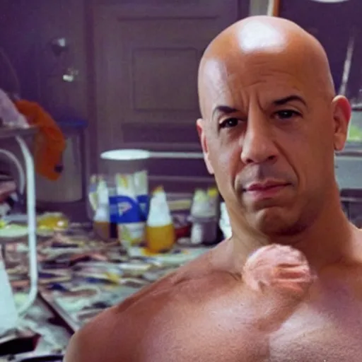 Image similar to Action scene from Mr. Clean with Mr. Clean played by Vin Diesel. Vin Diesel attempts to clean the floor despite multiple explosions and shots. Cinematic, technicolor, crisped colors, highly intricate