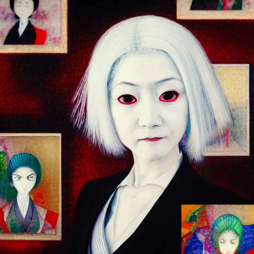 Image similar to yoshitaka amano blurred and dreamy realistic three quarter angle portrait of a woman with white hair and black eyes wearing dress suit with tie, junji ito abstract patterns in the background, satoshi kon anime, noisy film grain effect, highly detailed, renaissance oil painting, weird portrait angle, blurred lost edges