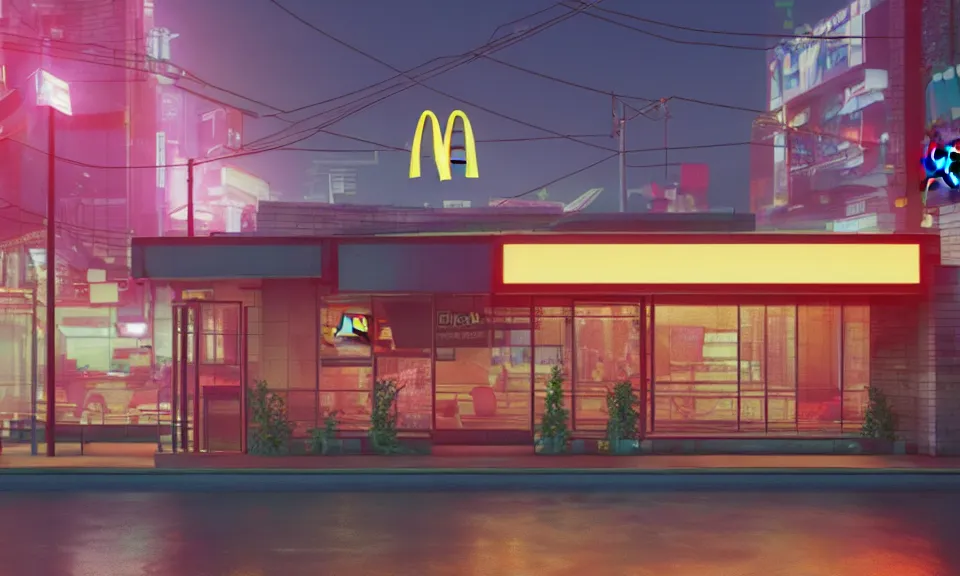 Image similar to exterior shot of a mcdonalds in a cyberpunk city, at night, neon lights, light bloom, octane render, rainy, reflections