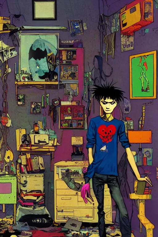 Image similar to a skinny goth guy standing in a cluttered 9 0 s bedroom by jamie hewlett, jamie hewlett art, full body character concept art, vaporwave colors, digital painting, hd, ultra hd, detailed, award winning,