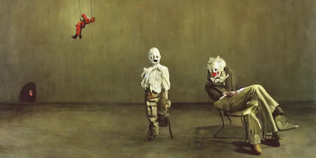 Image similar to the creepy clown, a painting by Andrew Wyeth