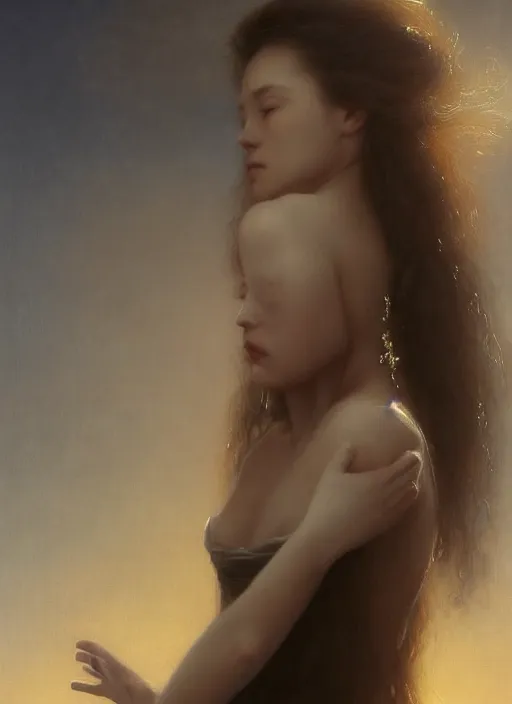 Image similar to oil painting close up portrait of a young woman with long dark flowing hair in a black dress, surrounded by white lilies!! at sunset, hazy, digital art, chiaroscuro, artstation, cinematic, golden hour, digital art painting by greg rutkowski, 7 0 s japanese sci - fi book art, william - adolphe bouguereau, hazy atmosphere, cinematic lighting